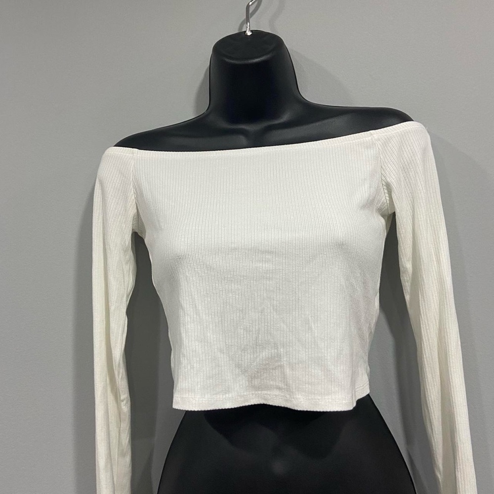 long sleeve off the shoulder ribbed top